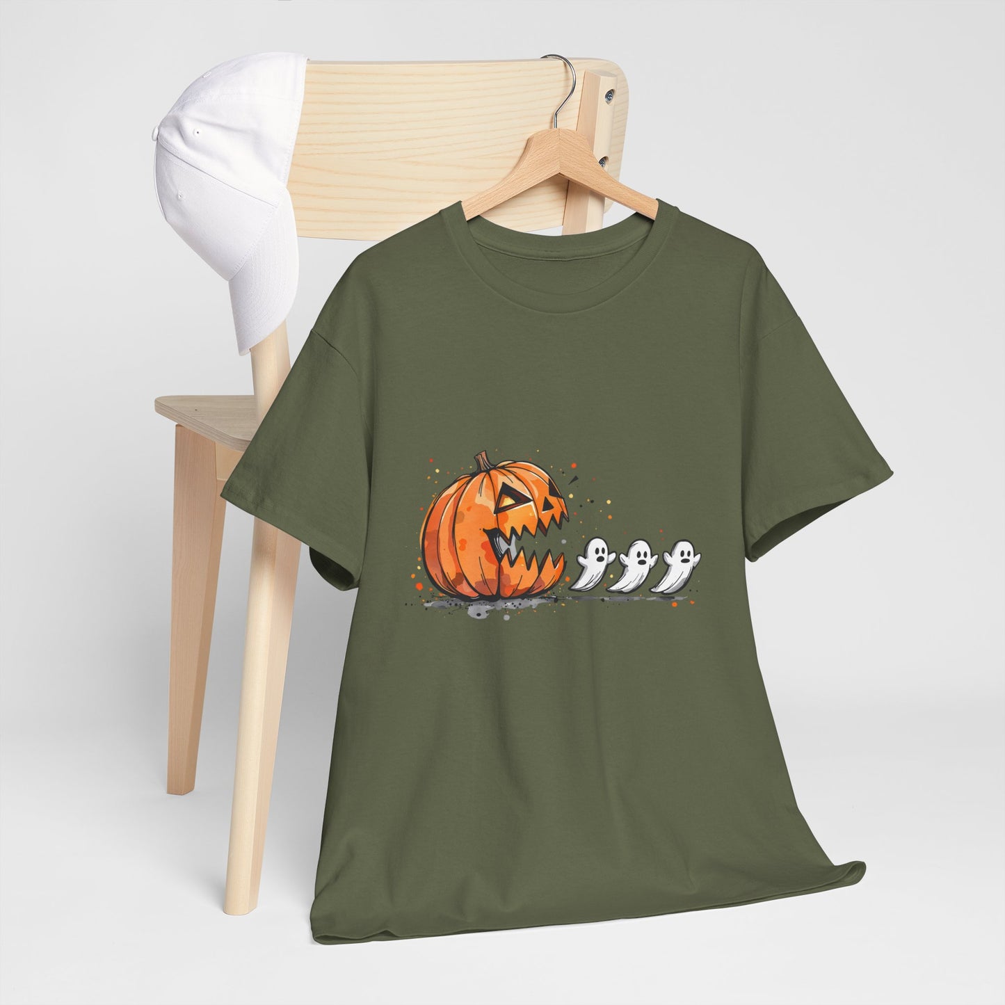 Pumpkin vs Ghosts Halloween T-Shirt - Jack-O-Lantern Chasing Ghosts