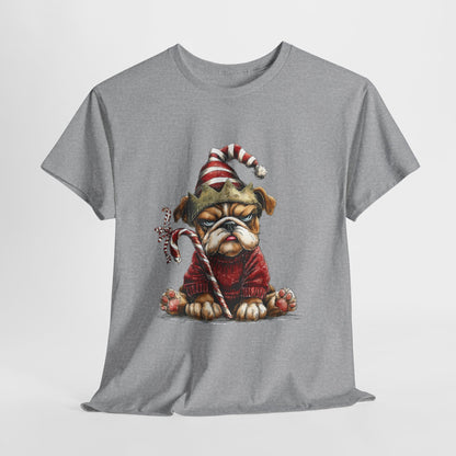 Grumpy Christmas Bulldog T-Shirt - Santa Hat Dog in Red Sweater