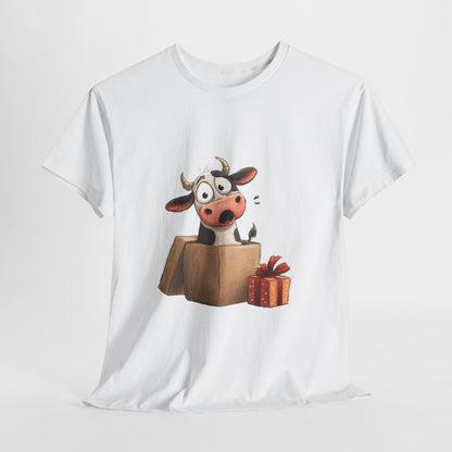Cow in a Gift Box Christmas T-Shirt - Funny Christmas Surprise Moo Tee