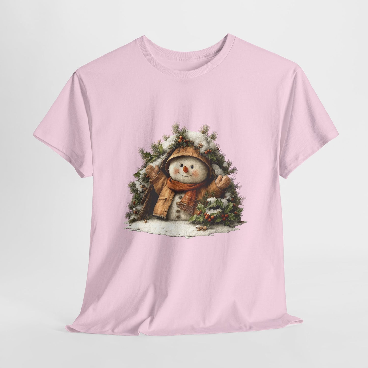 Forest Wreath Snowman Christmas T-Shirt - Cozy Rustic Snowman in Coat & Scarf