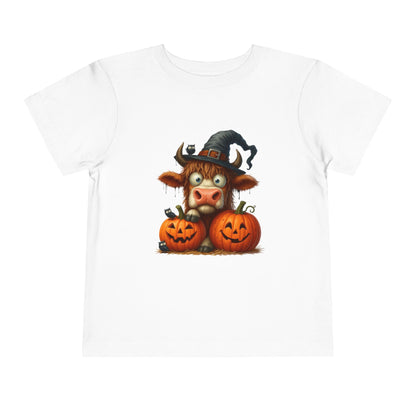Cute Highland Cow Kids T-Shirt - Witch Hat & Pumpkins Toddler Tee
