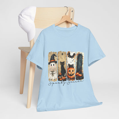 Spooky Season Panels Halloween T-Shirt with Ghost, Black Cat, Jack-O-Lantern & Bats