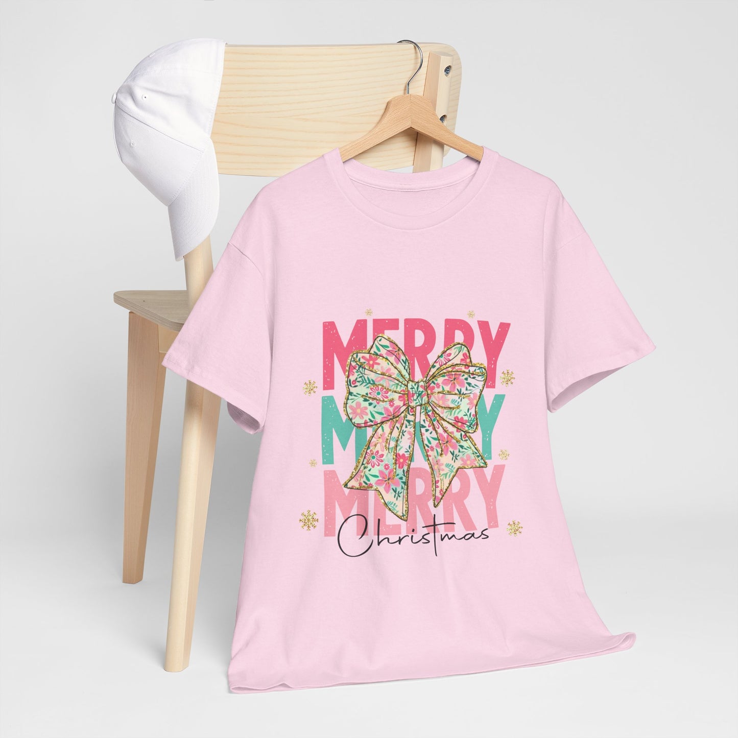 Merry Merry Merry Christmas T-Shirt - Floral Bow Pastel Tee