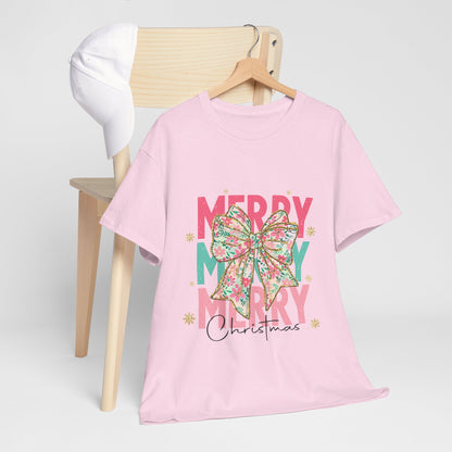 Merry Merry Merry Christmas T-Shirt - Floral Bow Pastel Tee
