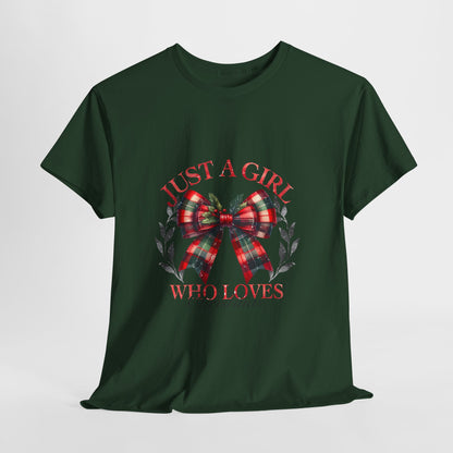 Just a Girl Who Loves Christmas - Tartan Plaid Bow Wreath Tee