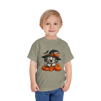 Cute Halloween Puppy Kids T-Shirt - Witch Hat & Pumpkins Toddler Tee