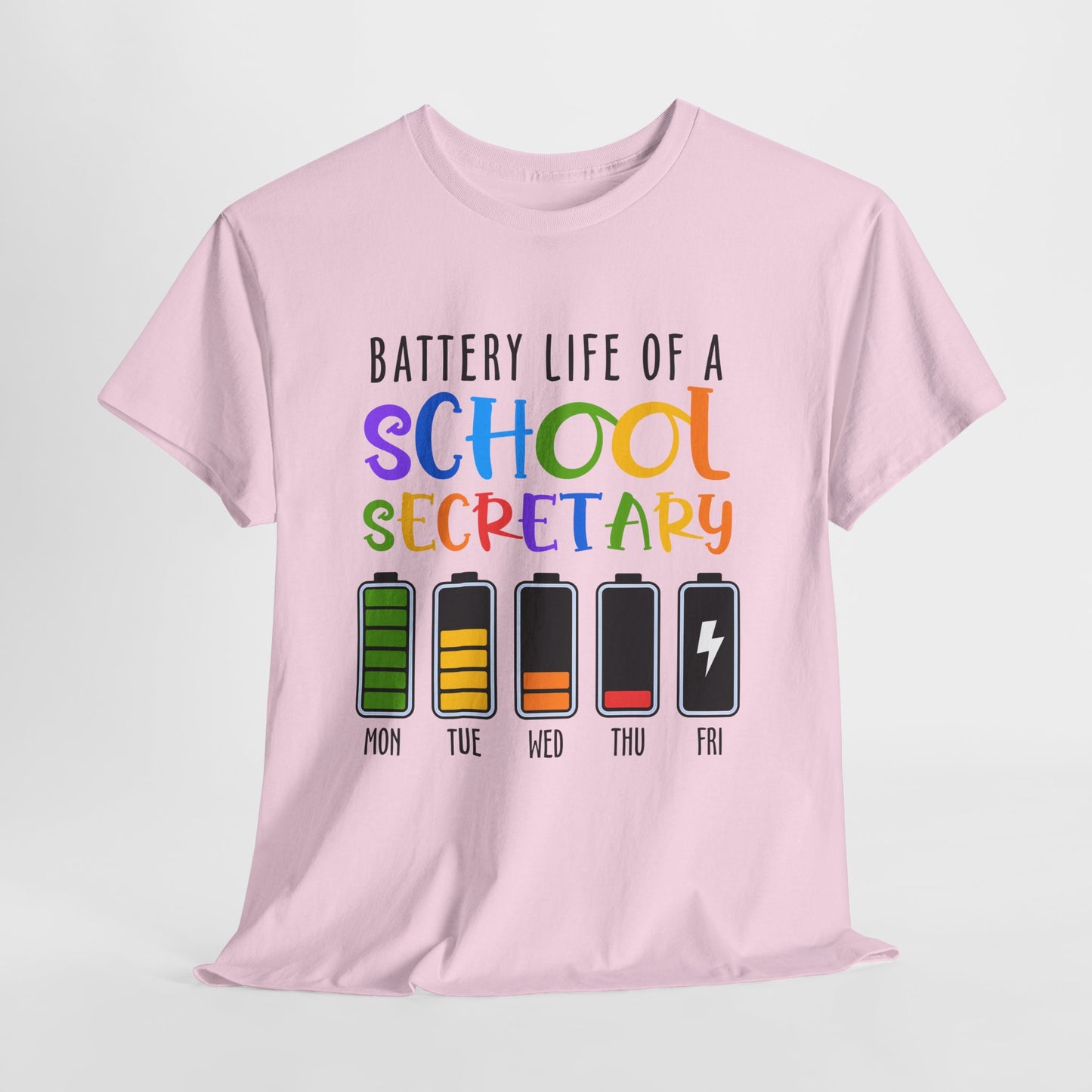 School Secretary Battery Shirt - Funny Rainbow Staff Tee for School Office Life, End of Year Exhaustion Gift for Secretaries