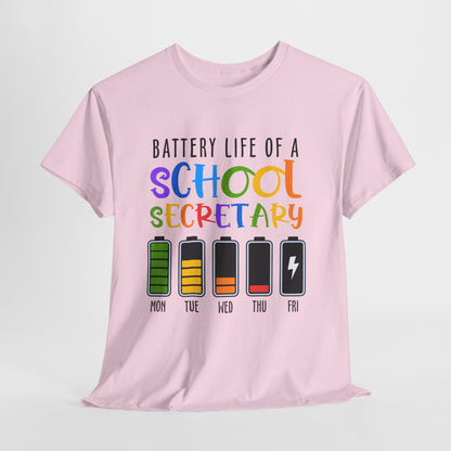 School Secretary Battery Shirt - Funny Rainbow Staff Tee for School Office Life, End of Year Exhaustion Gift for Secretaries