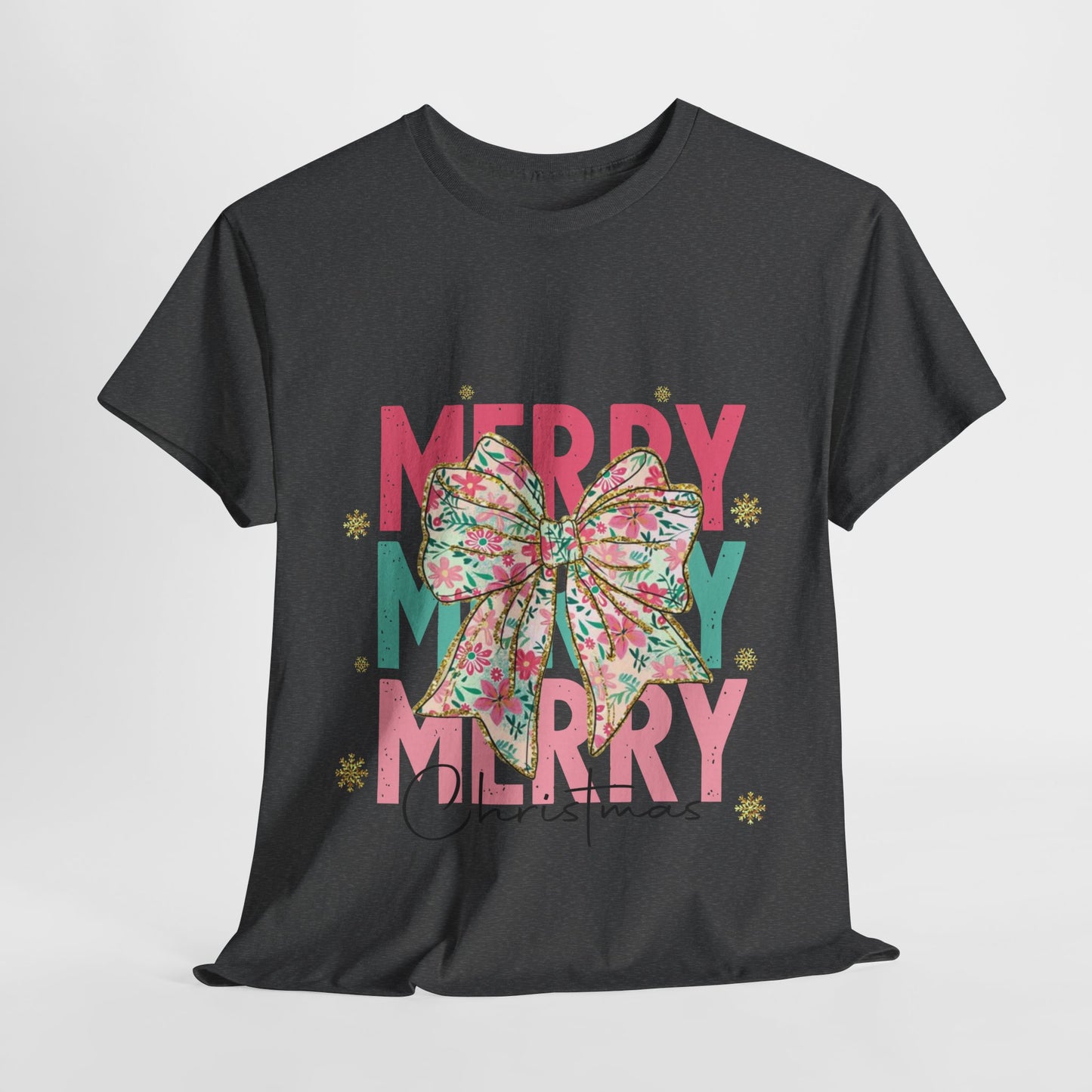 Merry Merry Merry Christmas T-Shirt - Floral Bow Pastel Tee