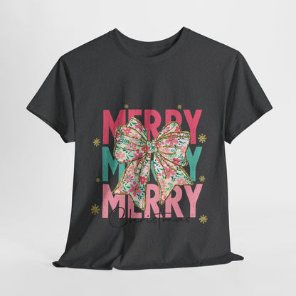 Merry Merry Merry Christmas T-Shirt - Floral Bow Pastel Tee