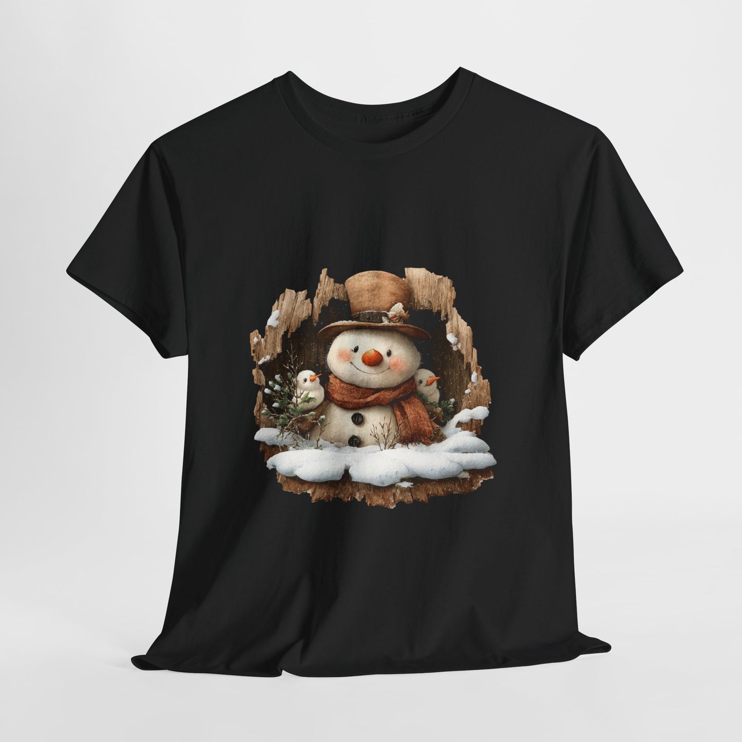 Woodland Snowman with Birds Christmas T-Shirt - Rustic Tree Hollow Snowman