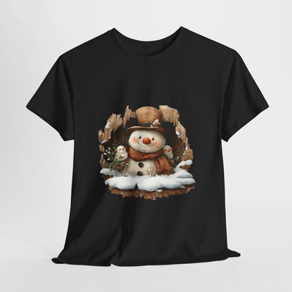 Woodland Snowman with Birds Christmas T-Shirt - Rustic Tree Hollow Snowman