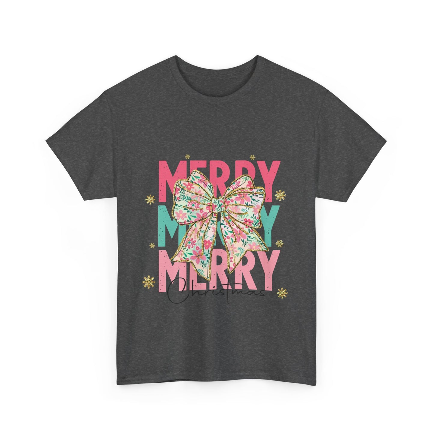 Merry Merry Merry Christmas T-Shirt - Floral Bow Pastel Tee