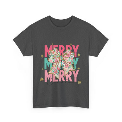 Merry Merry Merry Christmas T-Shirt - Floral Bow Pastel Tee