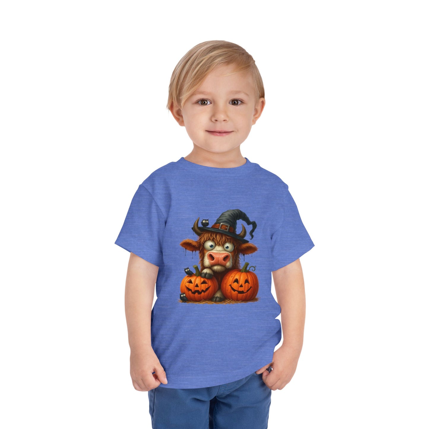Cute Highland Cow Kids T-Shirt - Witch Hat & Pumpkins Toddler Tee