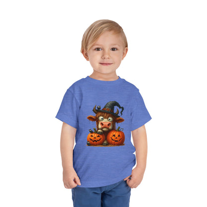 Cute Highland Cow Kids T-Shirt - Witch Hat & Pumpkins Toddler Tee