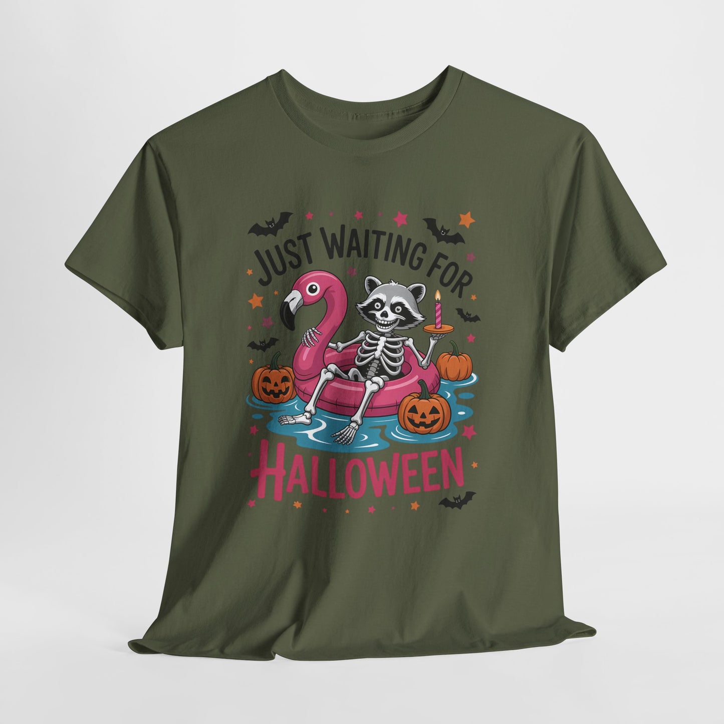 Just Waiting for Halloween T-Shirt - Raccoon Skeleton Flamingo Tee