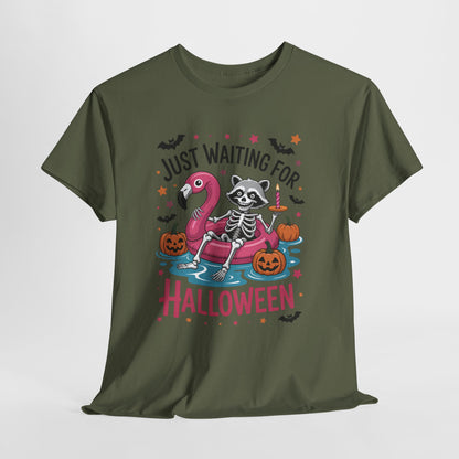 Just Waiting for Halloween T-Shirt - Raccoon Skeleton Flamingo Tee