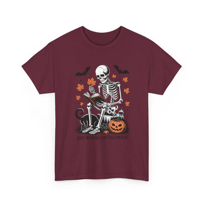 Just Waiting for Halloween T-Shirt - Cozy Spooky Skeleton Reading Tee