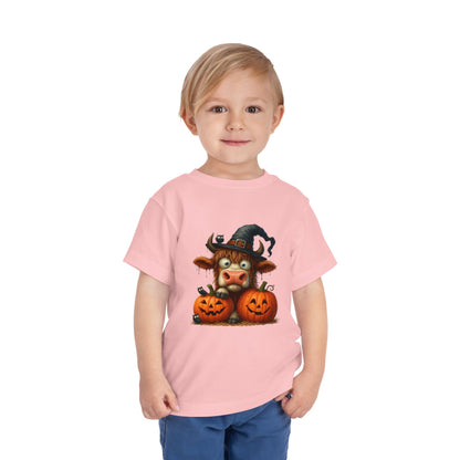 Cute Highland Cow Kids T-Shirt - Witch Hat & Pumpkins Toddler Tee