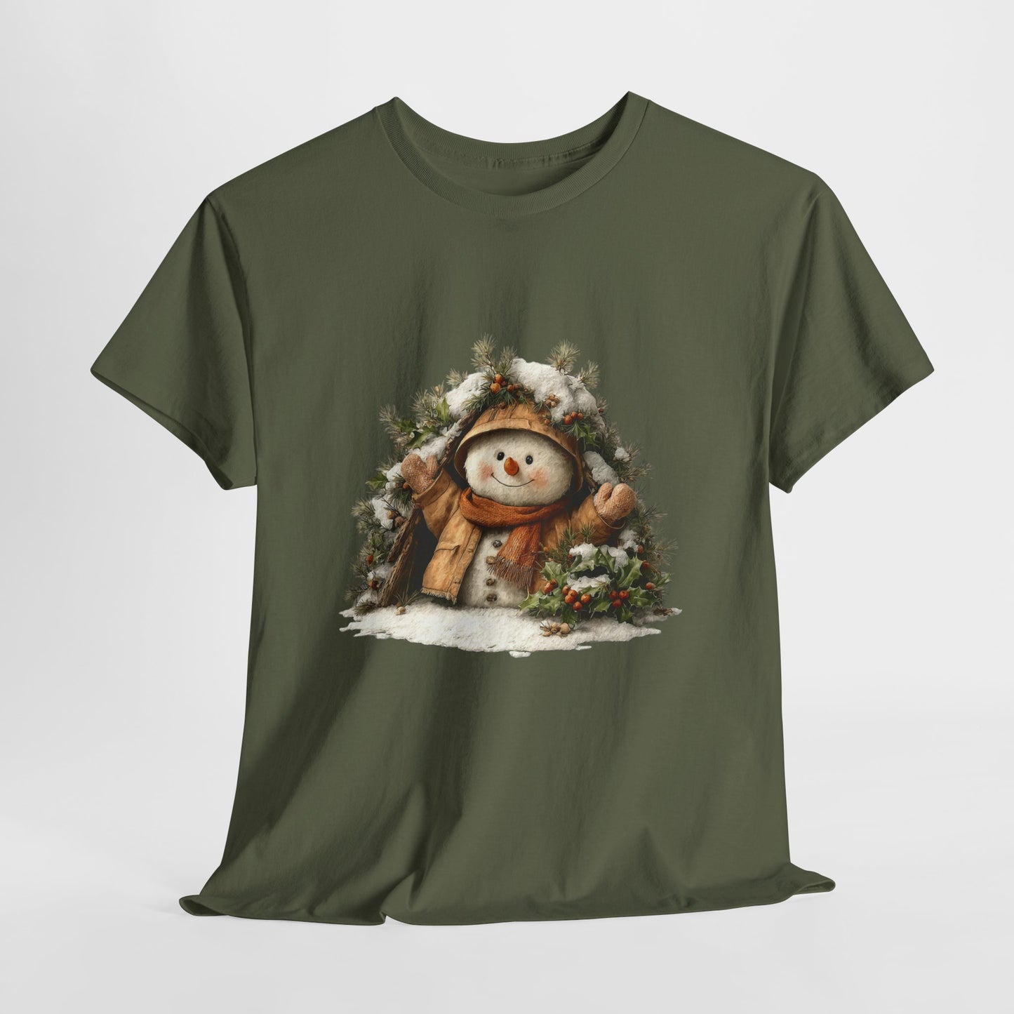 Forest Wreath Snowman Christmas T-Shirt - Cozy Rustic Snowman in Coat & Scarf