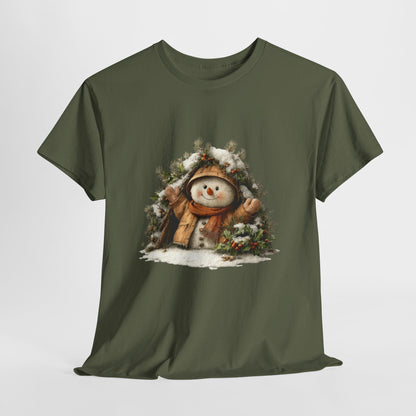 Forest Wreath Snowman Christmas T-Shirt - Cozy Rustic Snowman in Coat & Scarf