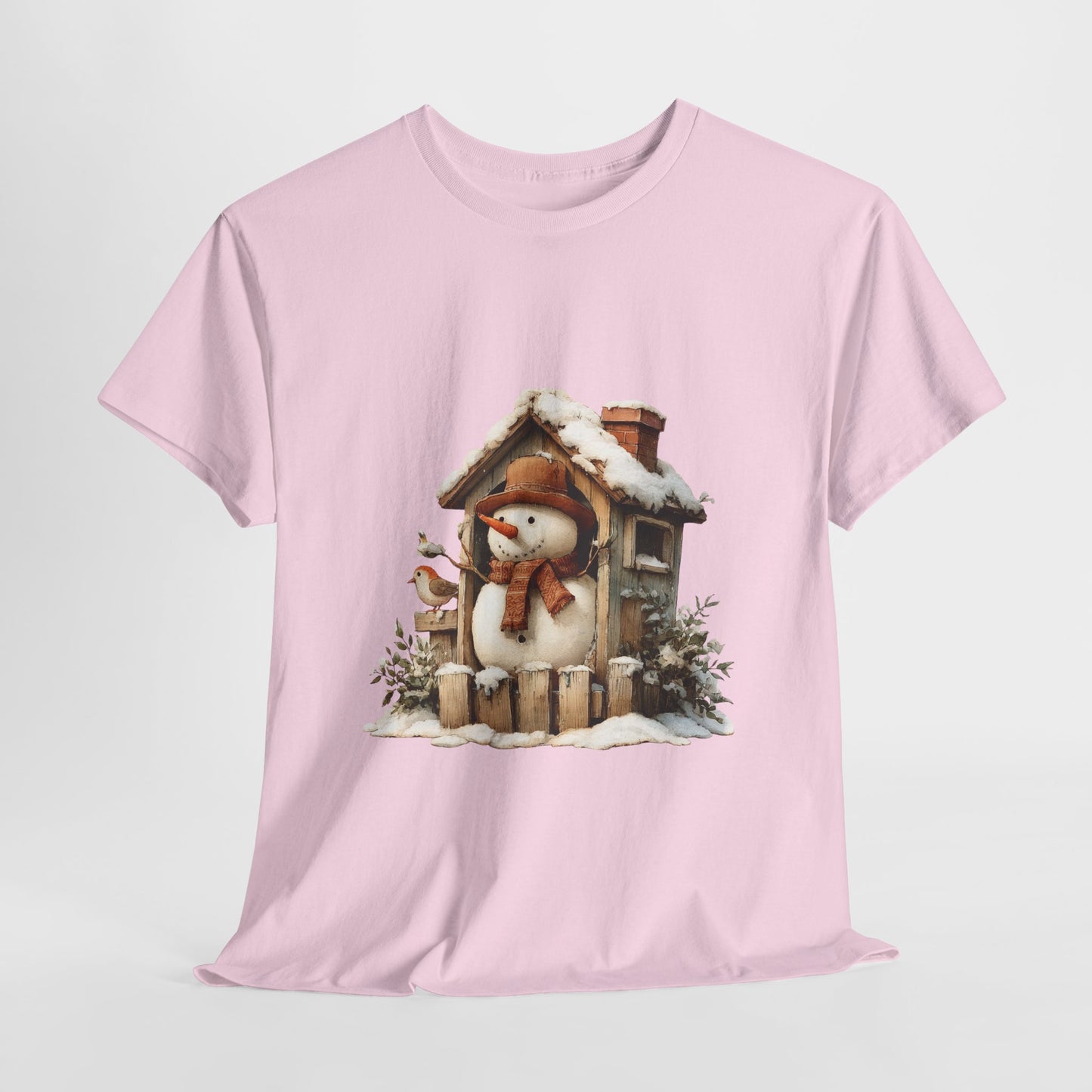 Cabin Porch Snowman Shirt - Rustic Snowman in Little House with Bird