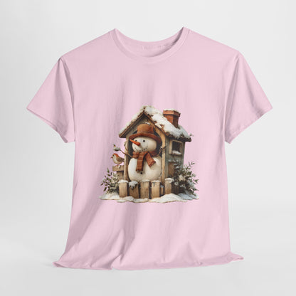 Cabin Porch Snowman Shirt - Rustic Snowman in Little House with Bird