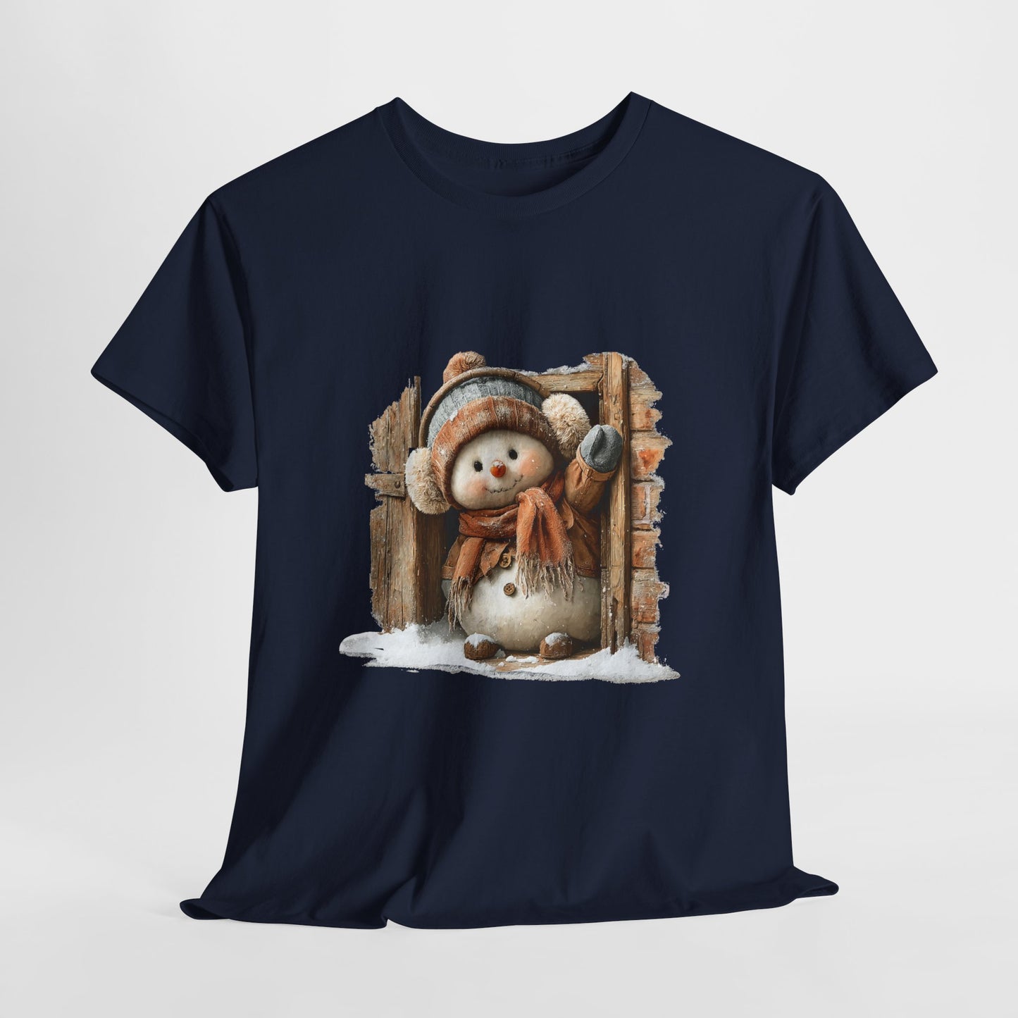 Waving Doorway Snowman Christmas T-Shirt - Cabin Snowman in Beanie & Ear Muffs