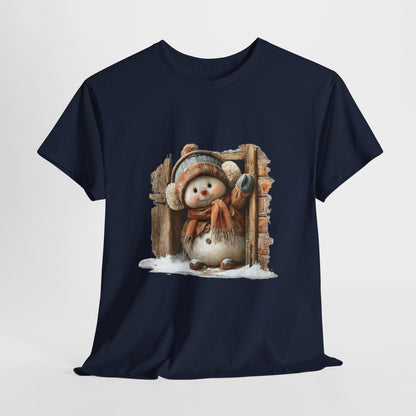 Waving Doorway Snowman Christmas T-Shirt - Cabin Snowman in Beanie & Ear Muffs