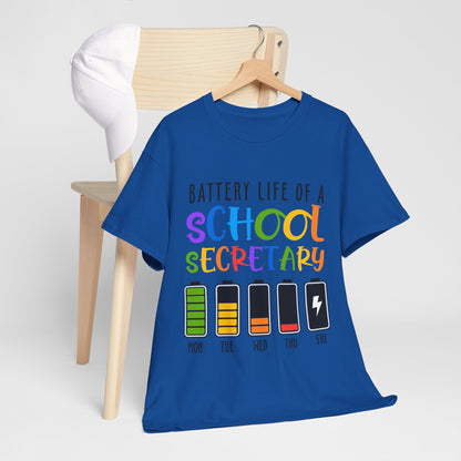 School Secretary Battery Shirt - Funny Rainbow Staff Tee for School Office Life, End of Year Exhaustion Gift for Secretaries
