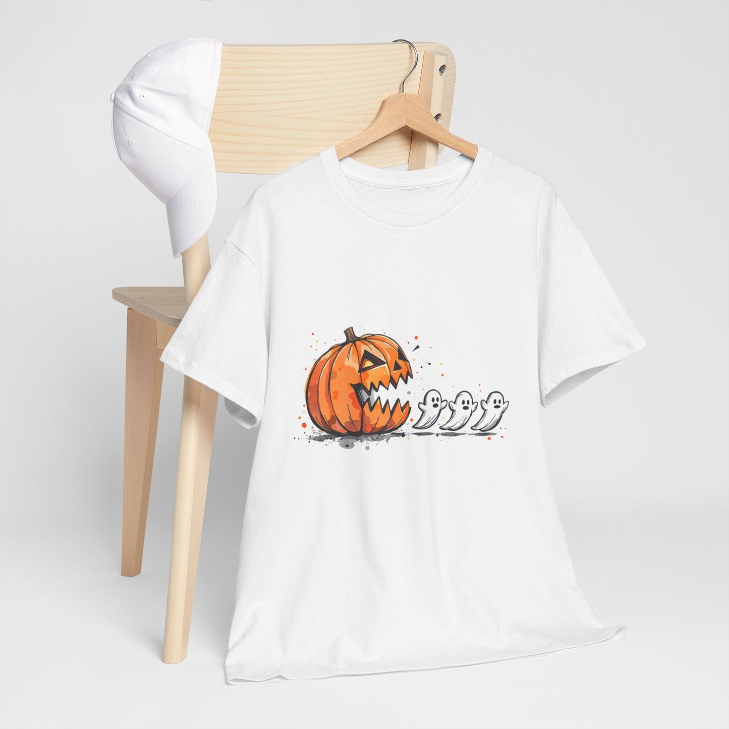 Pumpkin vs Ghosts Halloween T-Shirt - Jack-O-Lantern Chasing Ghosts