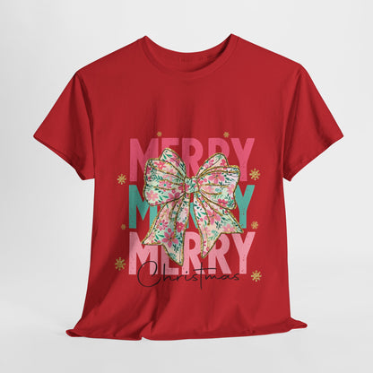 Merry Merry Merry Christmas T-Shirt - Floral Bow Pastel Tee