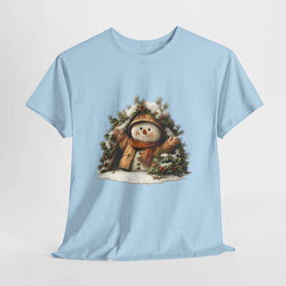Forest Wreath Snowman Christmas T-Shirt - Cozy Rustic Snowman in Coat & Scarf