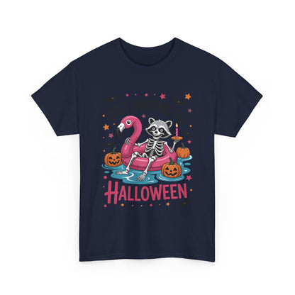 Just Waiting for Halloween T-Shirt - Raccoon Skeleton Flamingo Tee