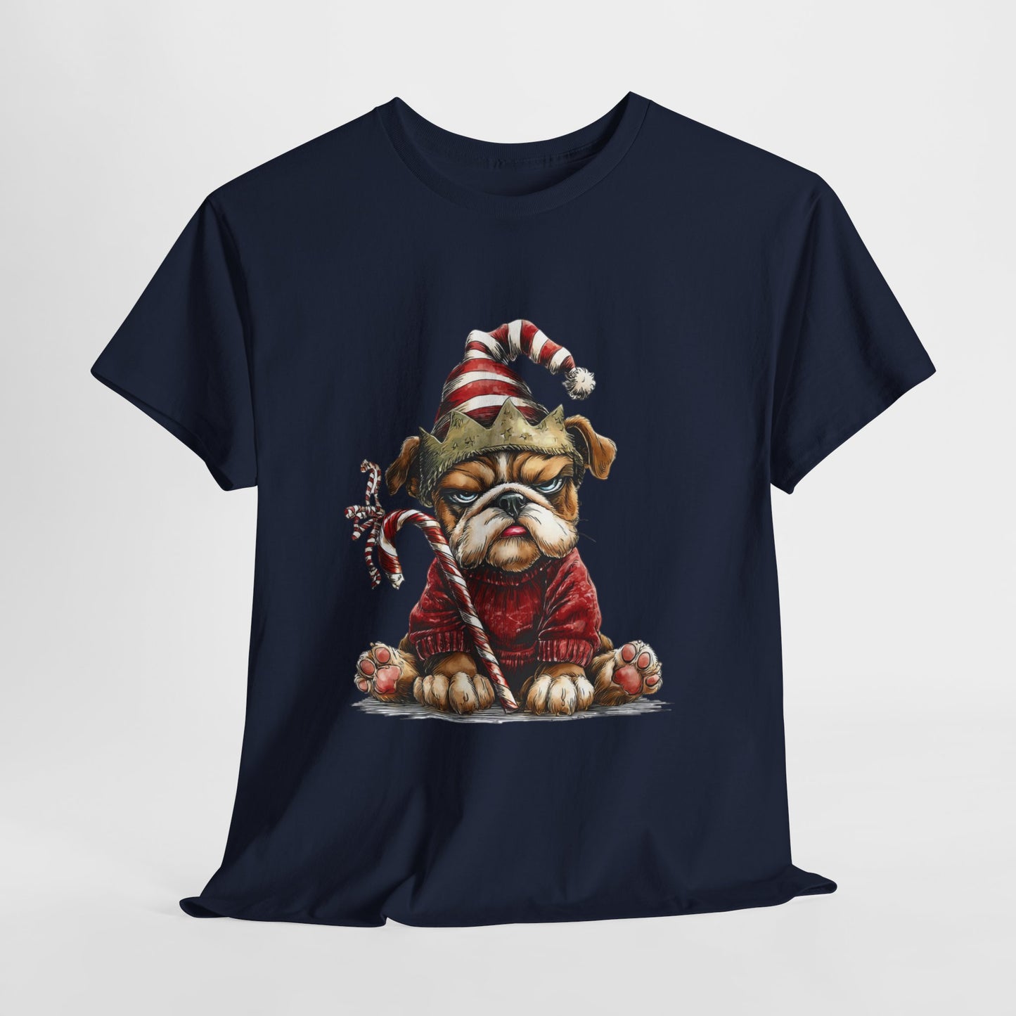 Grumpy Christmas Bulldog T-Shirt - Santa Hat Dog in Red Sweater