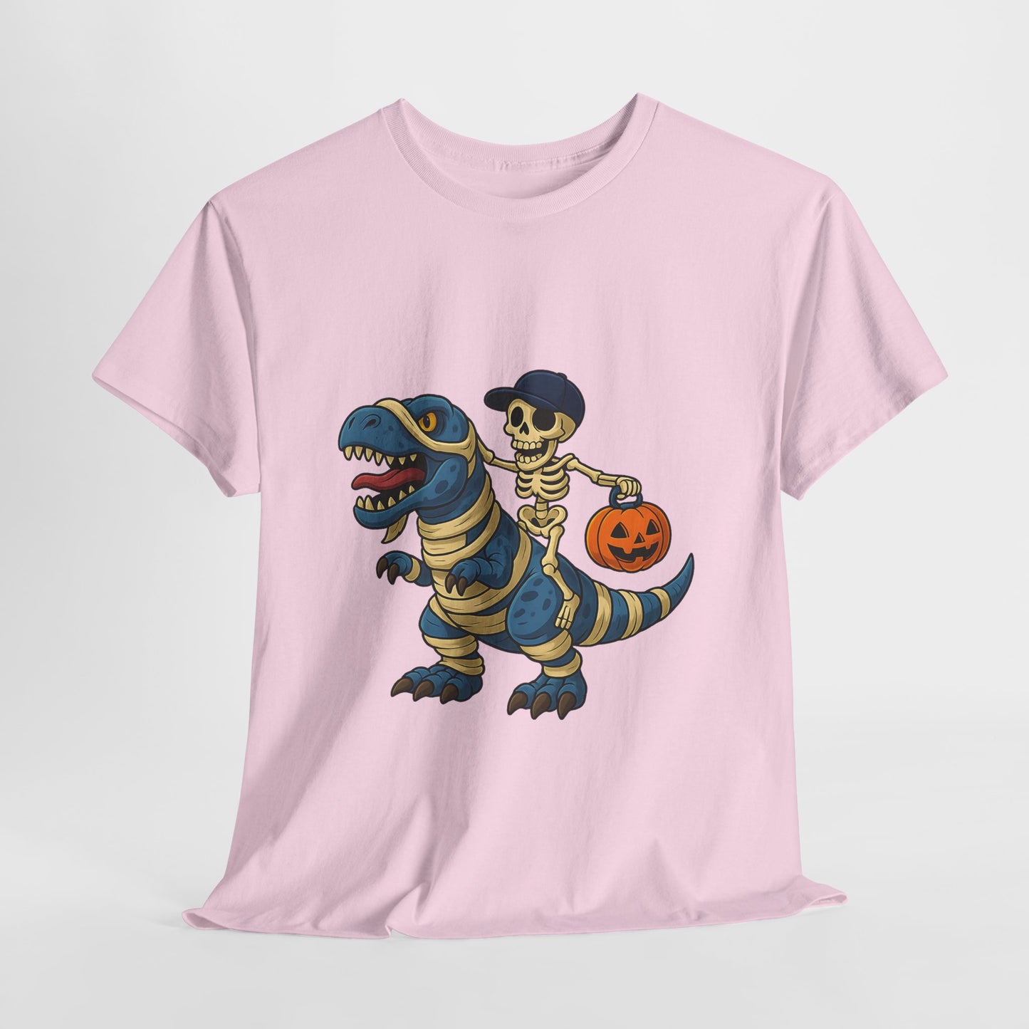 Skeleton Riding T-Rex Halloween T-Shirt - Dinosaur Mummy Wrap Tee