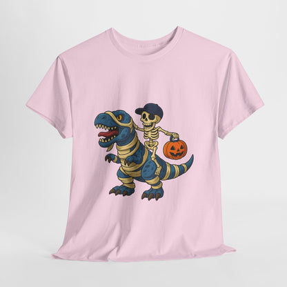 Skeleton Riding T-Rex Halloween T-Shirt - Dinosaur Mummy Wrap Tee