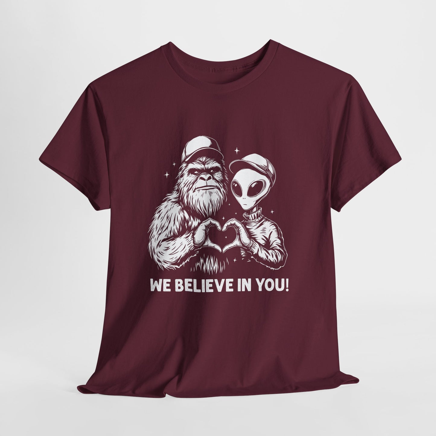 We Believe In You T-Shirt - Bigfoot & Alien Heart Hands Tee