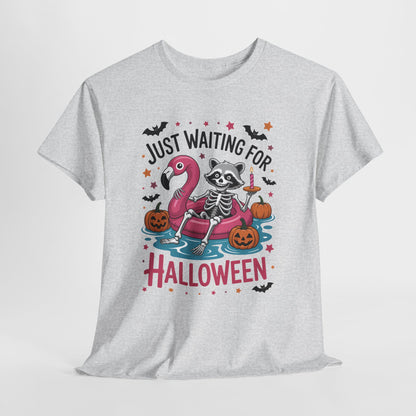 Just Waiting for Halloween T-Shirt - Raccoon Skeleton Flamingo Tee
