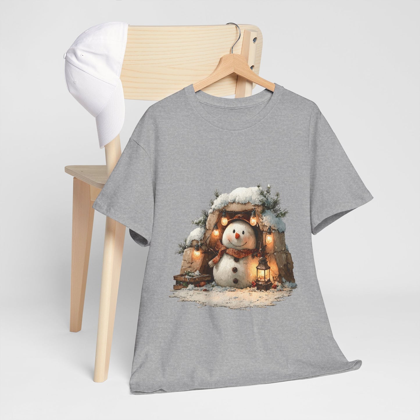 Cozy Lantern Snowman Christmas T-Shirt - Rustic Christmas Snowman with String Lights