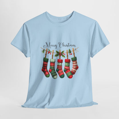 Merry Christmas Stockings T-Shirt - Five Plaid Stockings on Garland