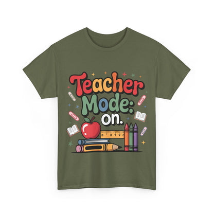 Teacher Mode On Shirt - Cute Back to School Tee with Crayons, Books & Apple, Positive Teacher Gift for Classroom Heroes