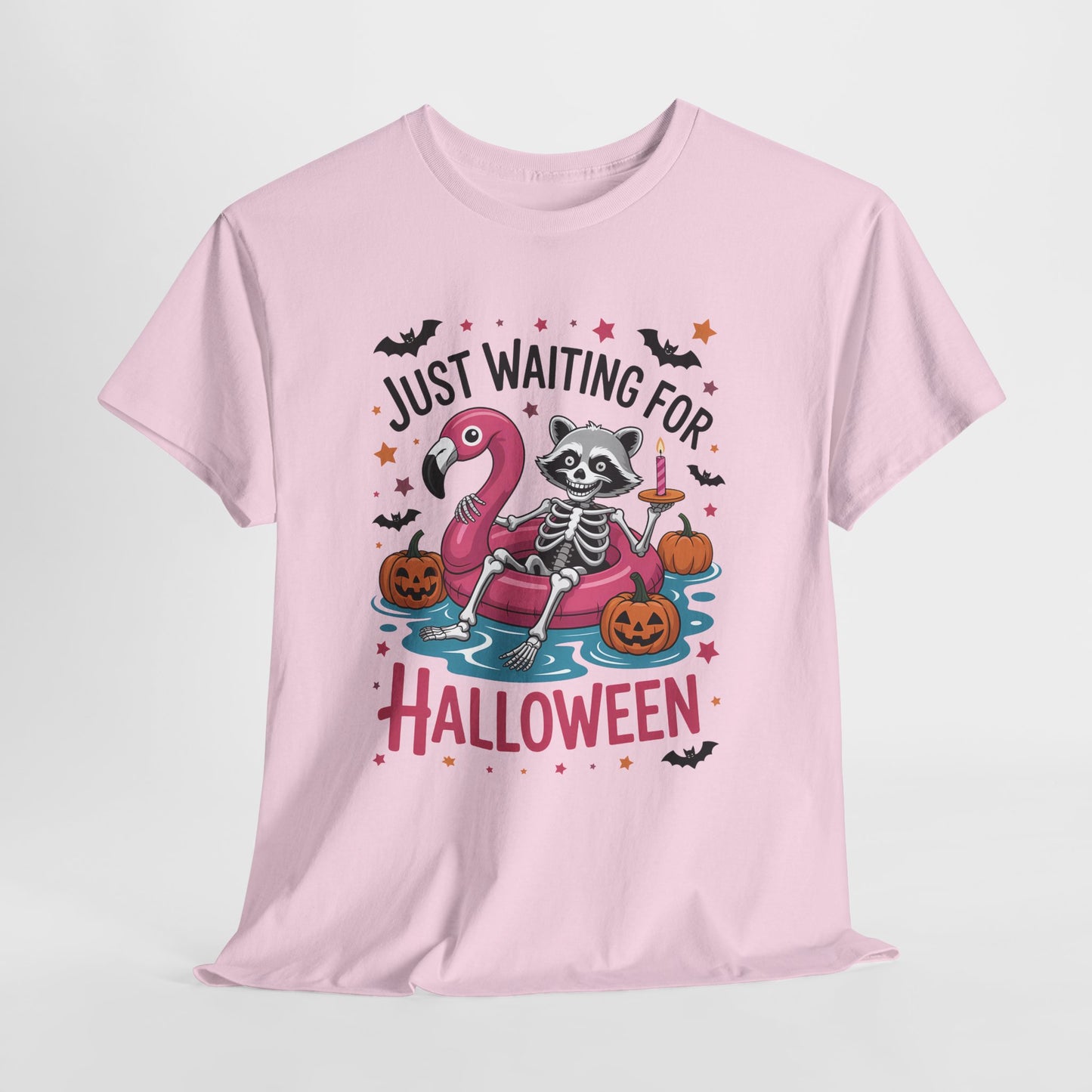 Just Waiting for Halloween T-Shirt - Raccoon Skeleton Flamingo Tee