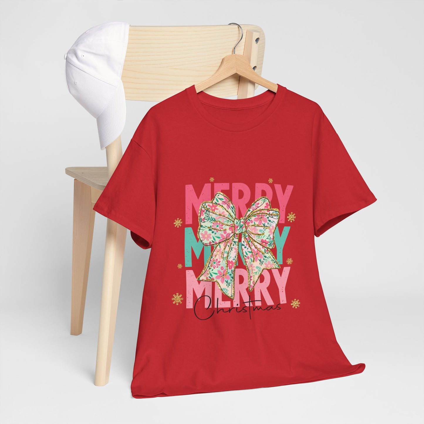 Merry Merry Merry Christmas T-Shirt - Floral Bow Pastel Tee