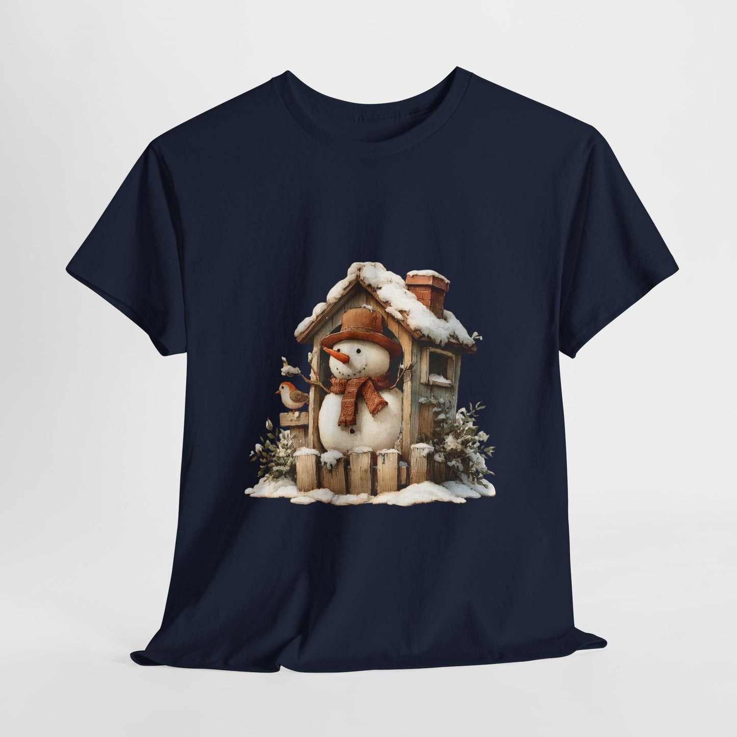 Cabin Porch Snowman Shirt - Rustic Snowman in Little House with Bird