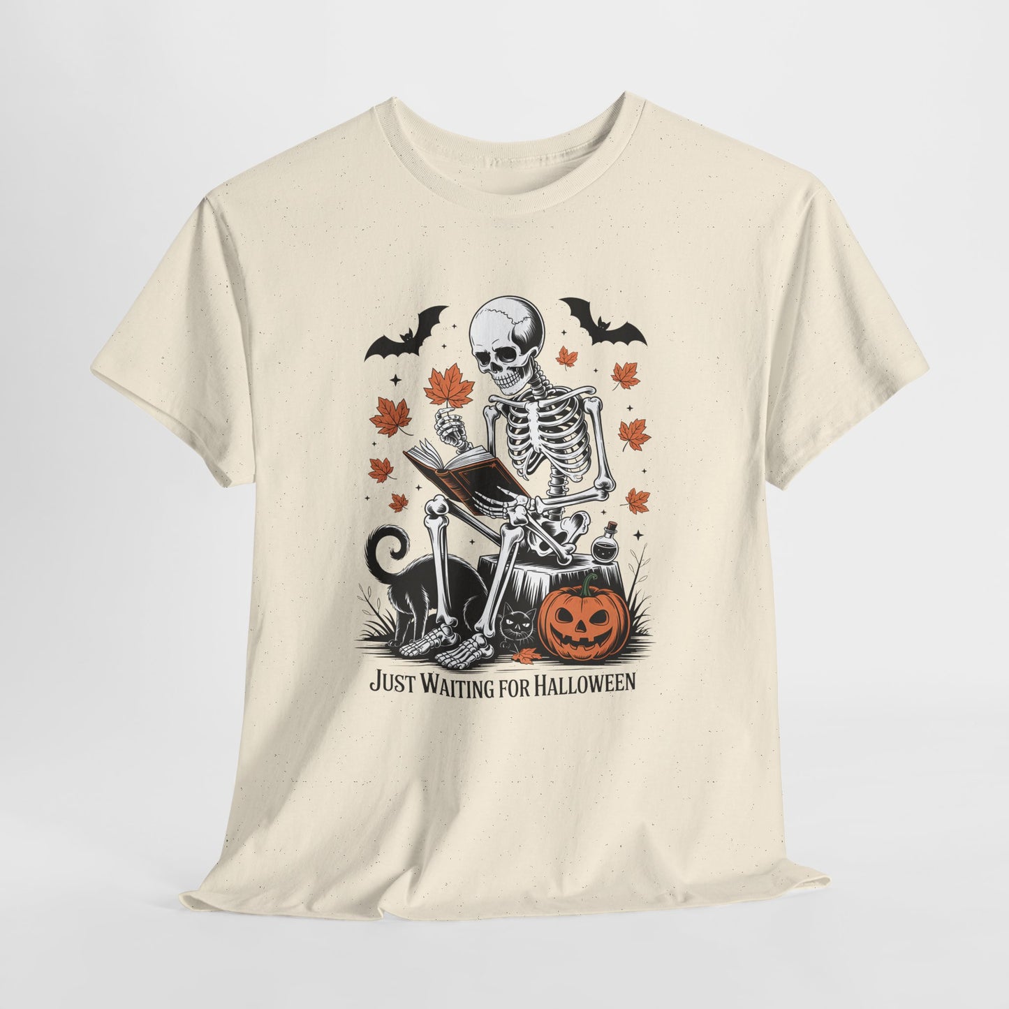 Just Waiting for Halloween T-Shirt - Cozy Spooky Skeleton Reading Tee