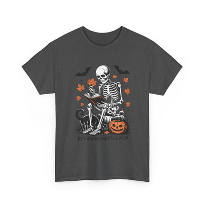 Just Waiting for Halloween T-Shirt - Cozy Spooky Skeleton Reading Tee