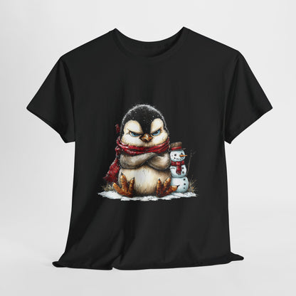 Grumpy Penguin Christmas T-Shirt - Winter Penguin with Snowman Buddy