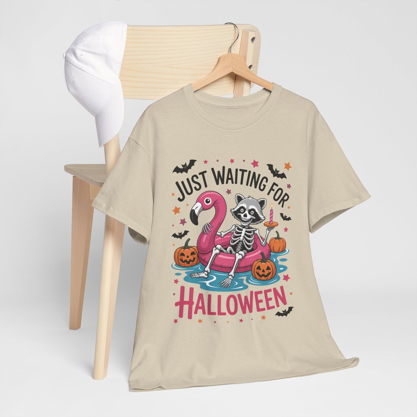 Just Waiting for Halloween T-Shirt - Raccoon Skeleton Flamingo Tee